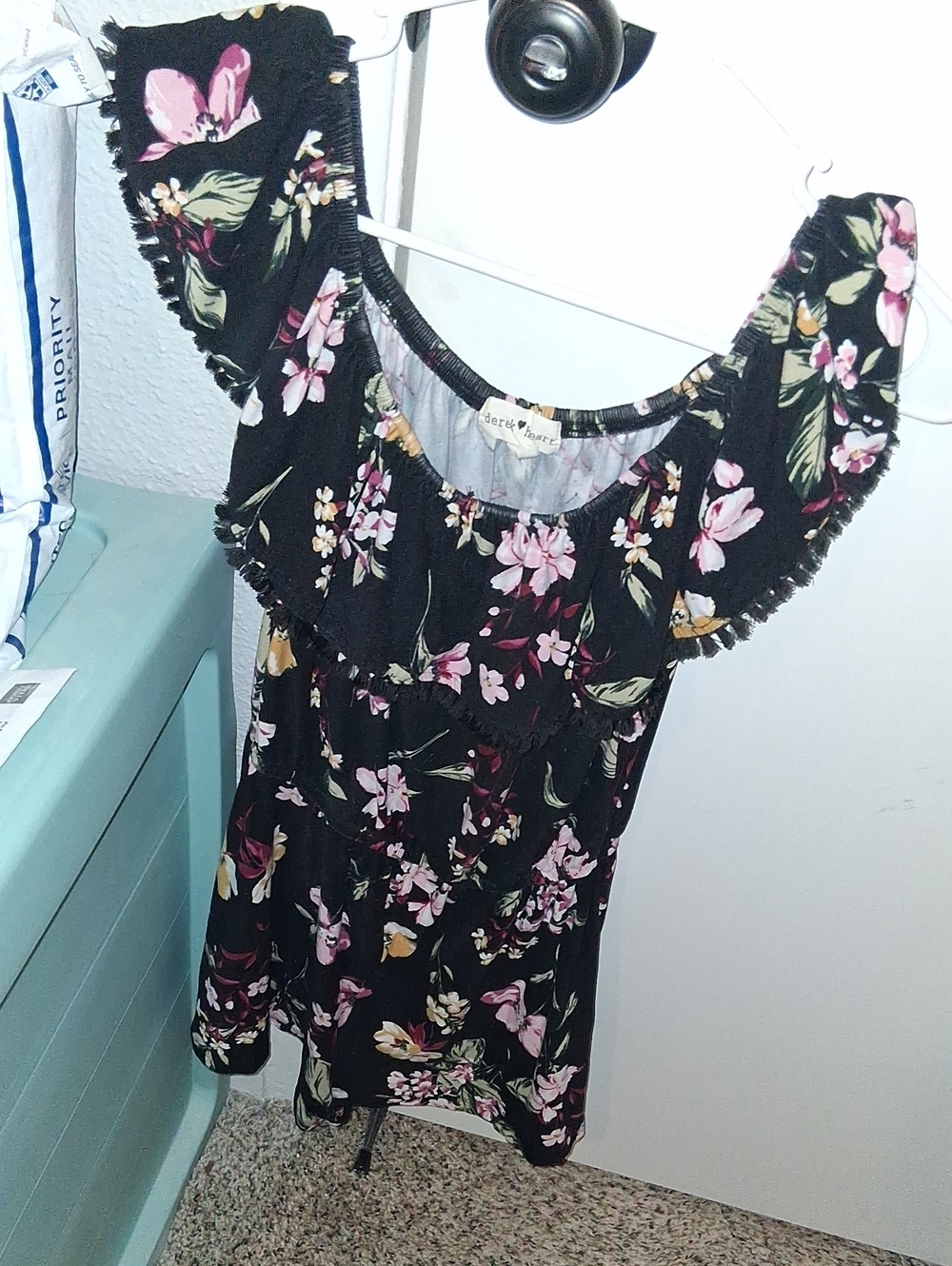 Floral Off-Shoulder Ruffle Women’s Romper - Black with Pink Flowers